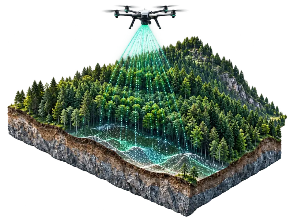 LIDAR şüaları meşə örtüyündən keçərək yer səthini ölçür