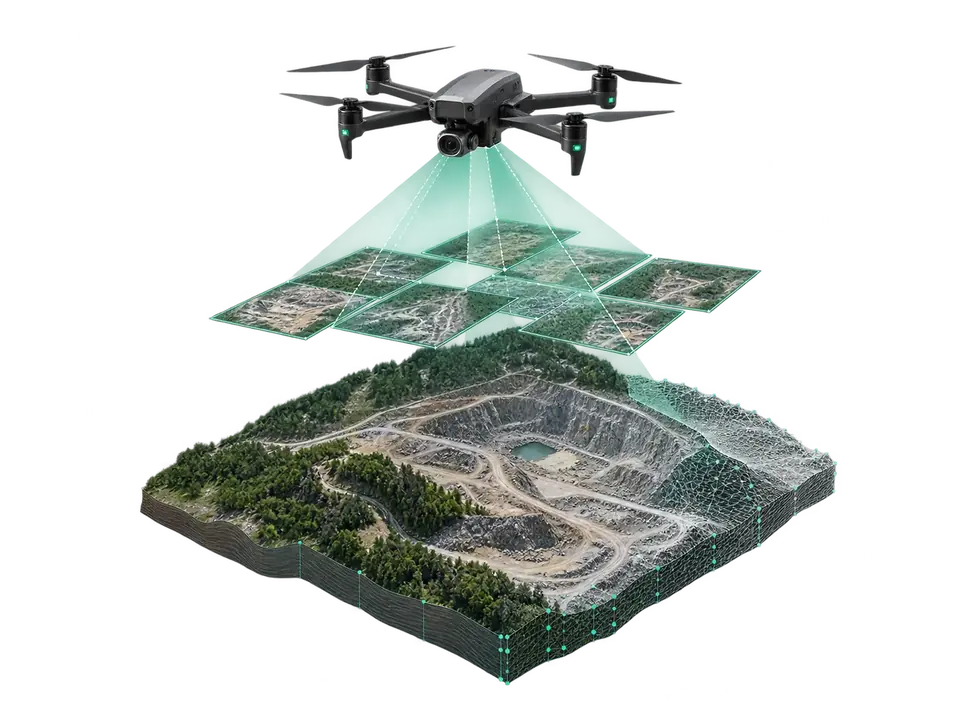 Dron ərazini çəkir, şəkillər ortofoto və 3D modelə birləşir